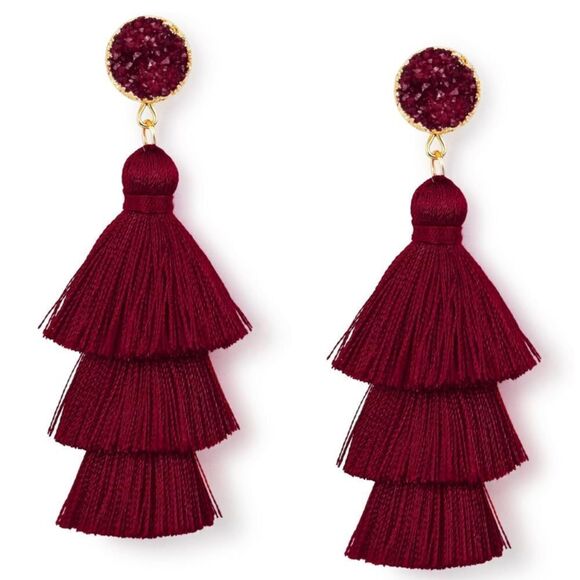 14K Yellow Gold with Burgundy Silk Thread Tassel and Quartz Druzy Post Earrings - Picture 1 of 9